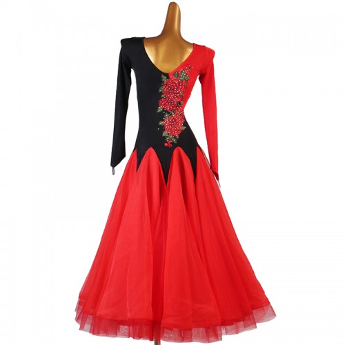 Women girls black with red ballroom dance dresses ballroom dance costumes stage performance waltz tango dance dresses gown for female